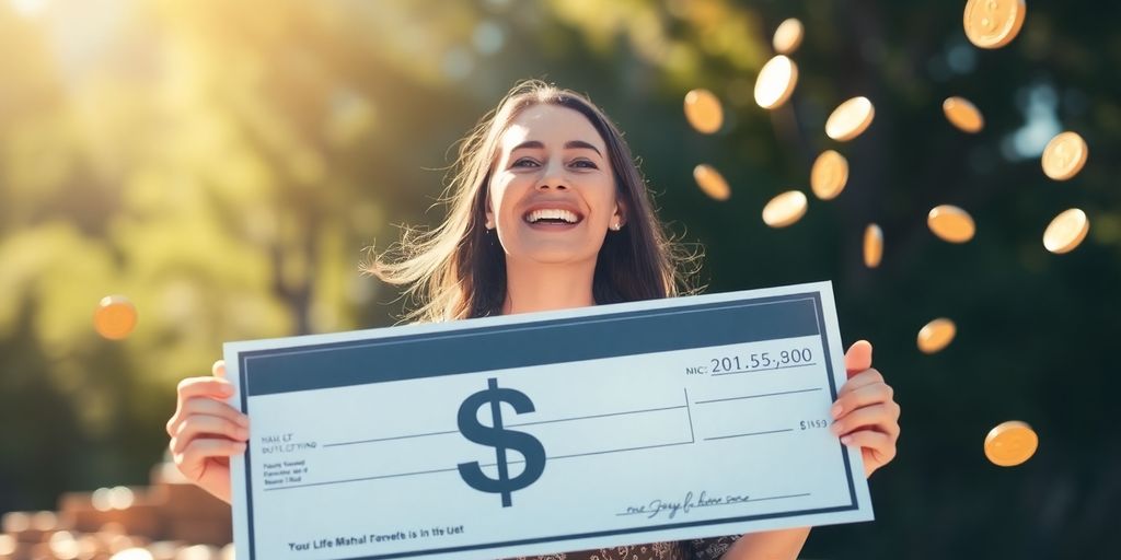 Pessoa sorrindo com dinheiro e um cheque simbólico.