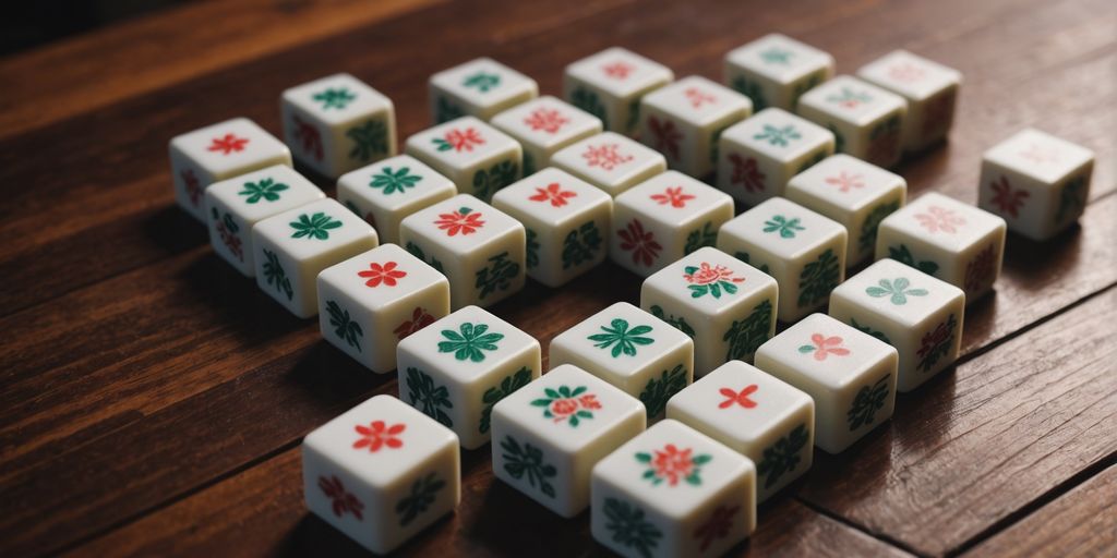 Close-up of Mahjong tiles with intricate designs and symbols.