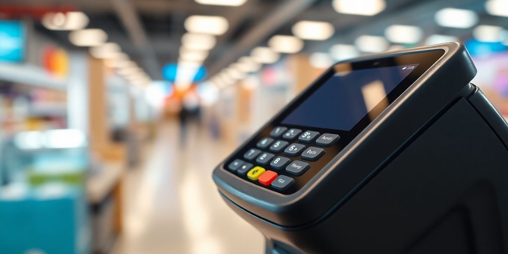 Modern payment terminal in a busy e-commerce setting.