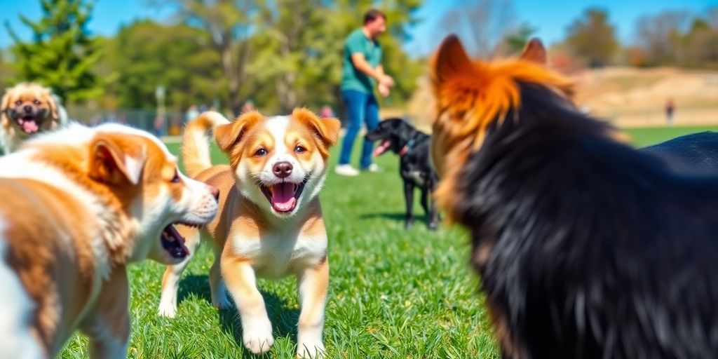 Energetic puppy playing with other dogs outdoors.