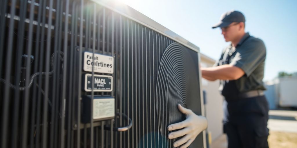 Homeowner inspecting HVAC unit for maintenance.