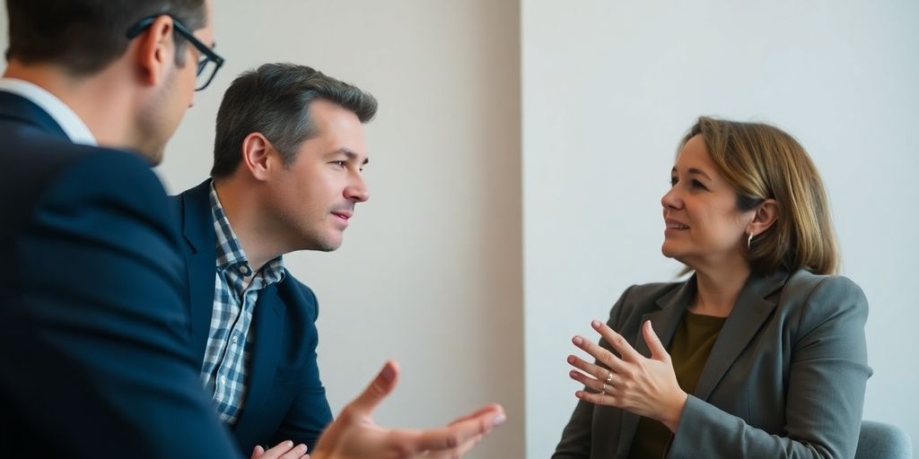 Unser Leadership-Stil: Wie wir unsere Mitarbeiter unterstützen und fördern Zwei Personen in einem Gespräch, die sich in die Augen schauen.