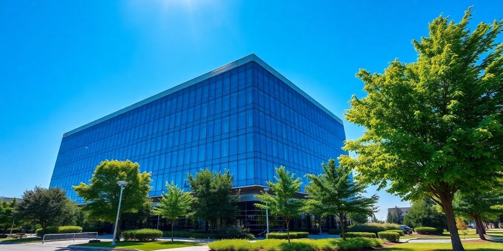 Corporate building exterior, sunny day.
