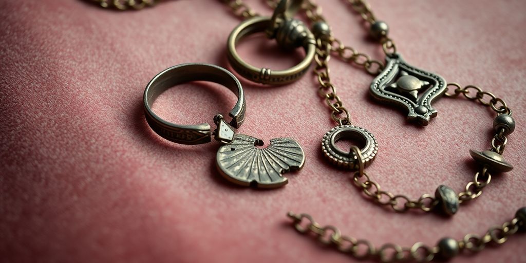 Bijoux cassés de famille sur un fond en velours.