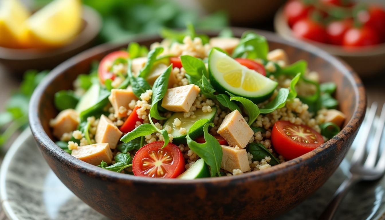 Low calorie quinoa salad with chicken and fresh vegetables.