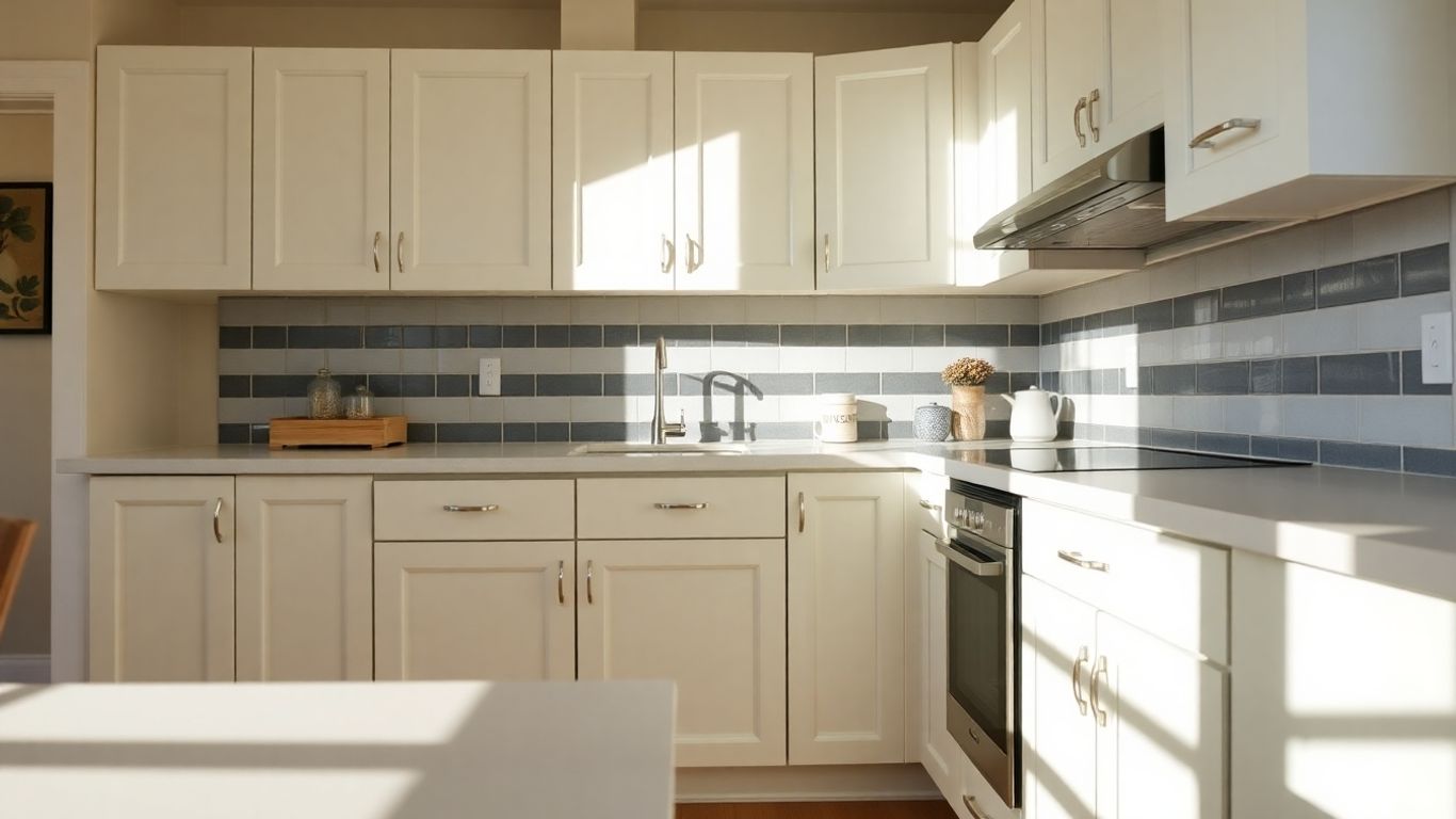 Newly painted kitchen cabinets in a bright, modern color.