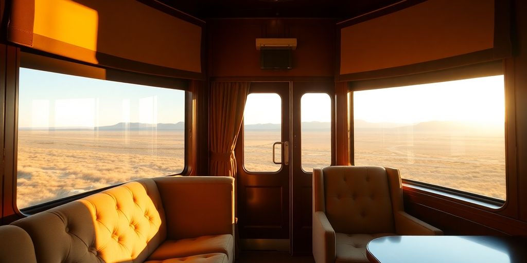 Elegant luxury train carriage interiors and scenic Australian landscapes.