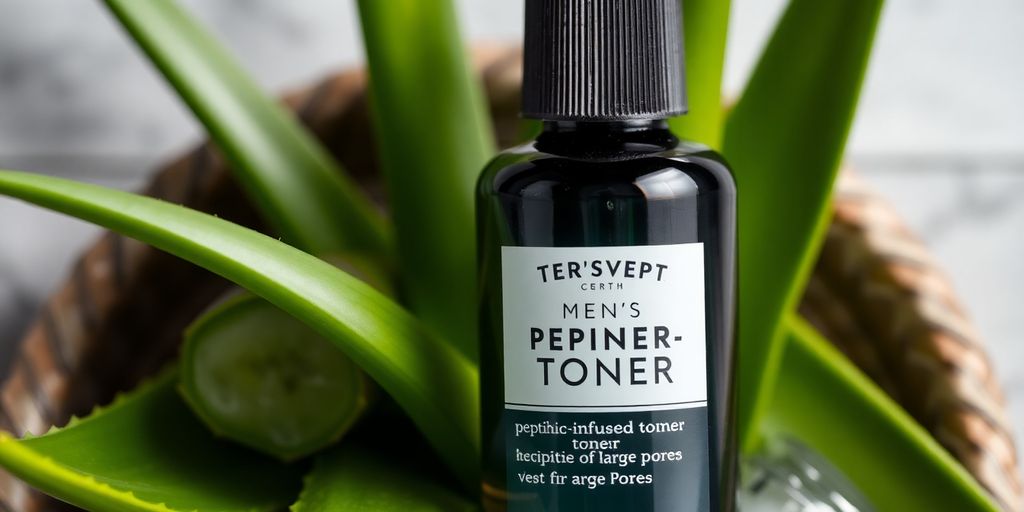 Men's peptide toner with natural ingredients and soft background.