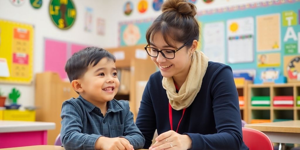 Schulbegleiter hilft einem Kind im Klassenzimmer.