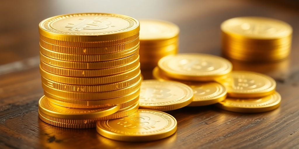 Des pièces d'or brillantes empilées sur une table en bois.