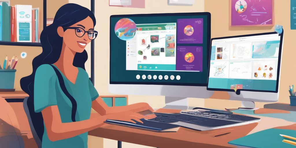 educator using Canva on a computer in a classroom setting with digital design elements and e-learning icons