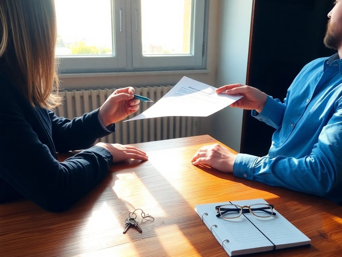 Doi oameni la masă cu chei și pix semnând document