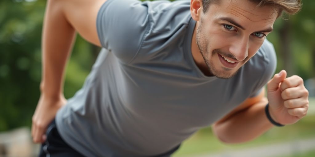Person exercising outdoors with intense focus during workout.