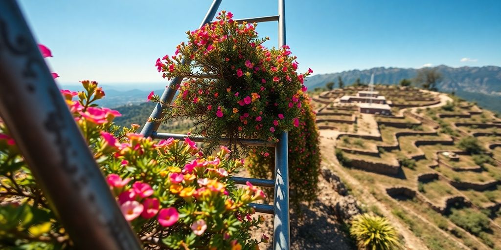 Escalera metálica con arbustos andinos en terrazas