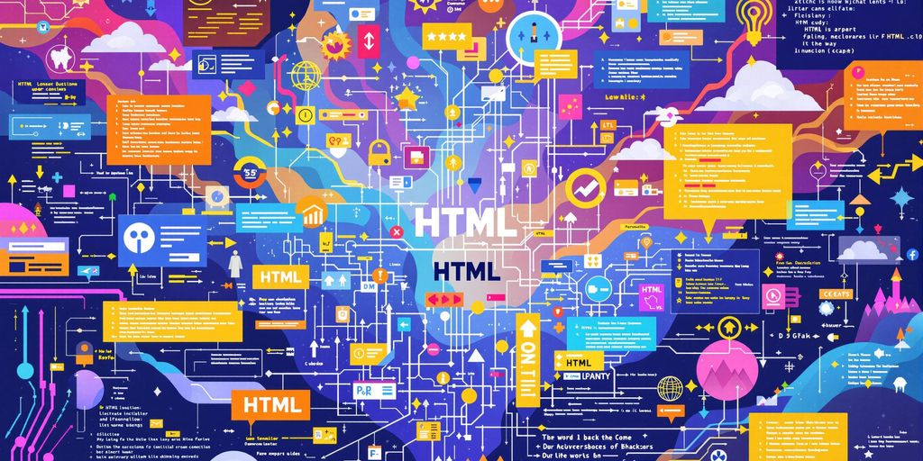 Interconnected web elements illustrating HTML's role in technology.