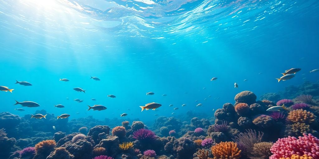 Underwater scene with colorful coral and aquatic life.
