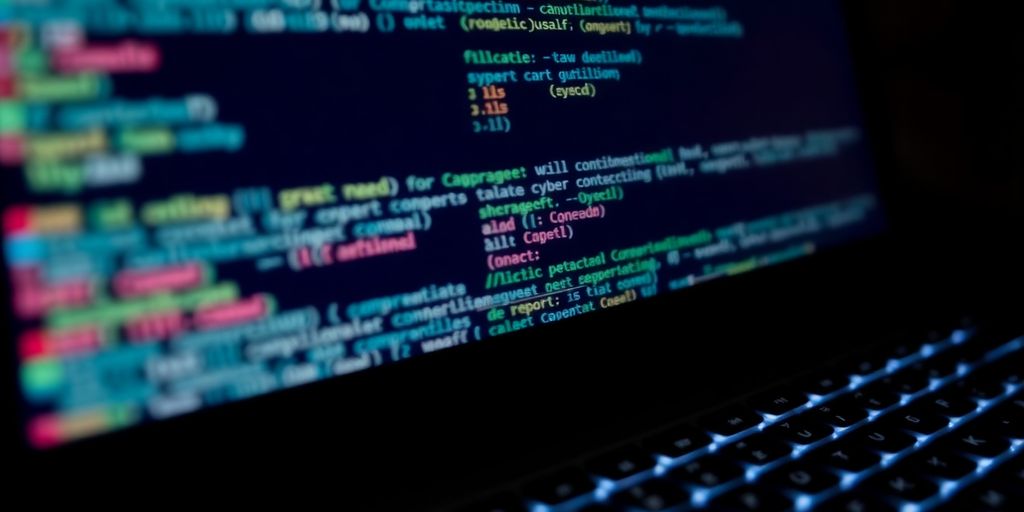 Close-up of computer screen with digital code.