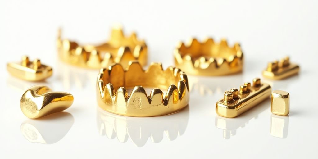 Assortiment d'or dentaire sur fond blanc.