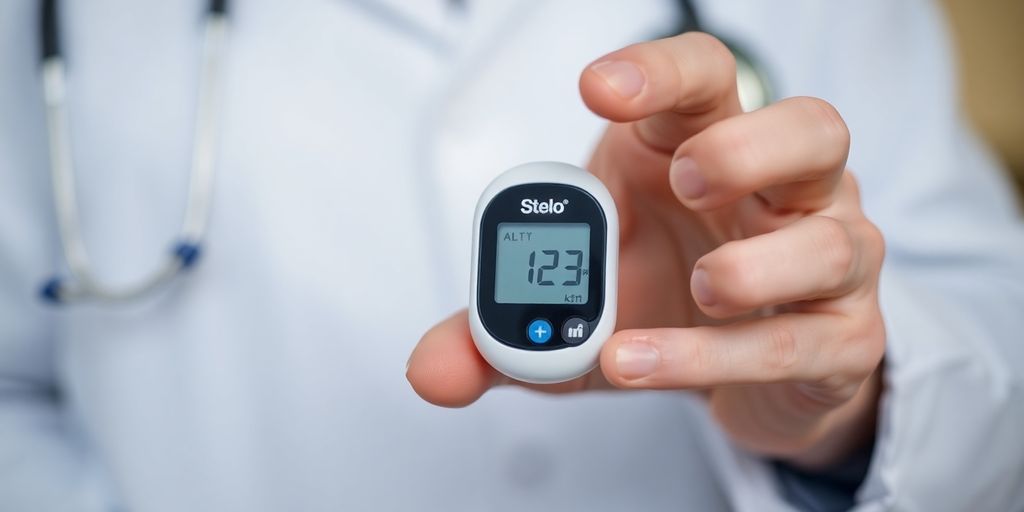 Doctor holding a Stelo continuous glucose monitor.