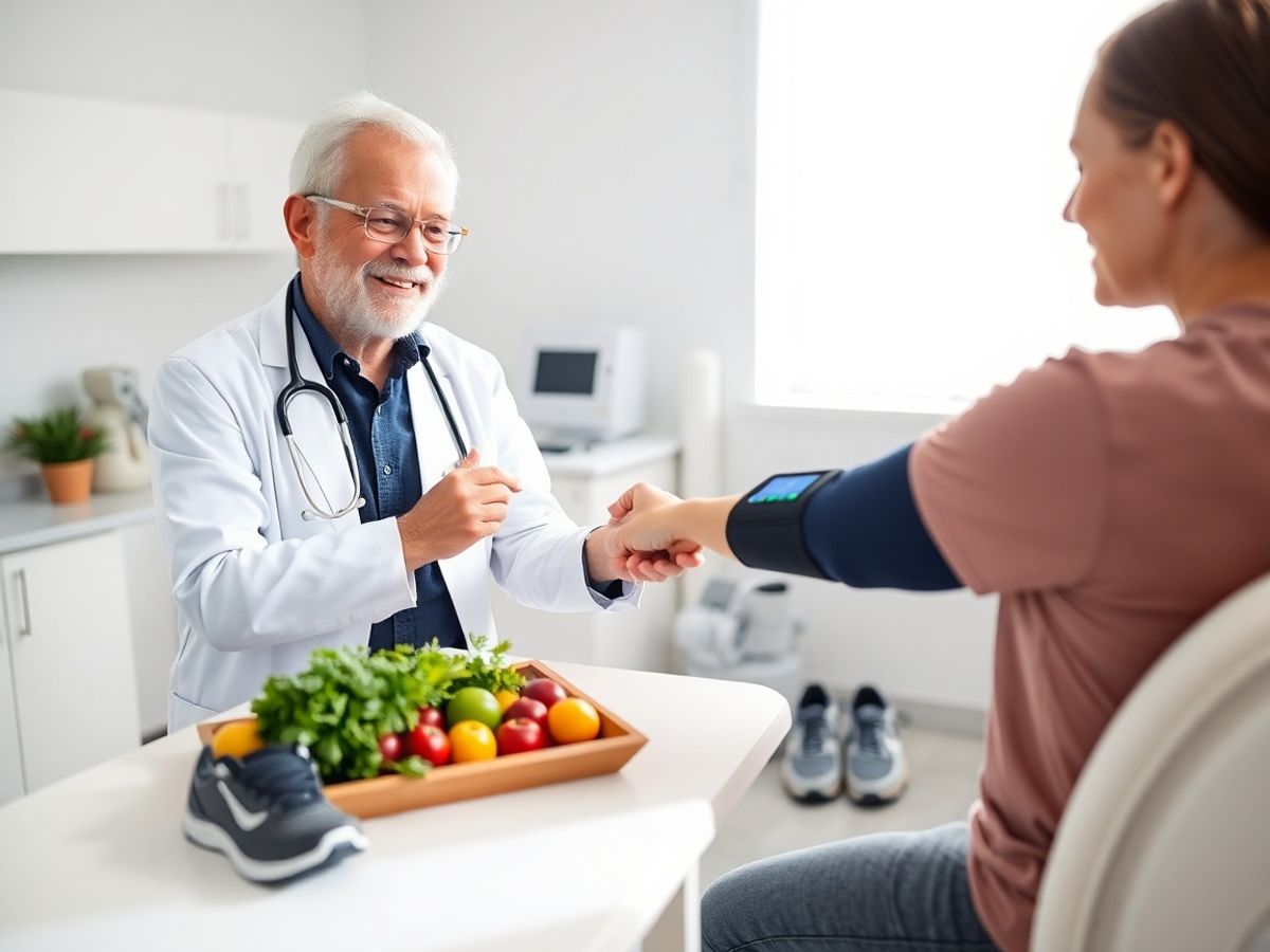 Cardiolog măsurând tensiunea unui pacient în cabinet luminos, legume, adidași.