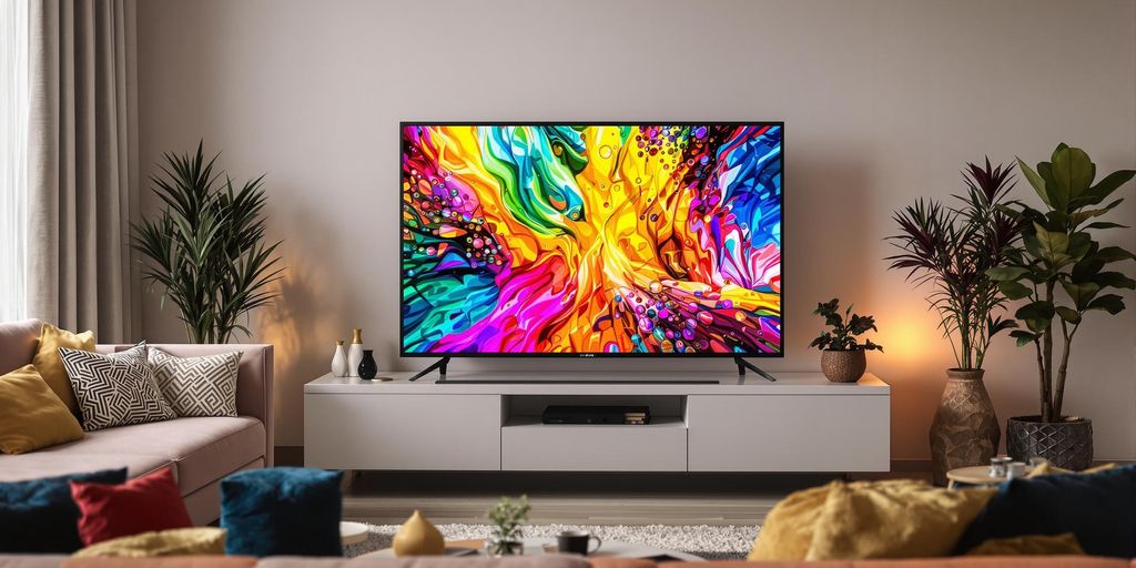 Moderne Wohnzimmereinrichtung mit Smart-TV und gemütlicher Atmosphäre.