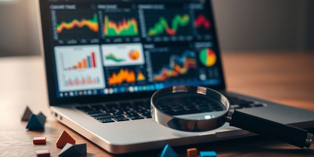 Laptop, magnifying glass, diverse data sets