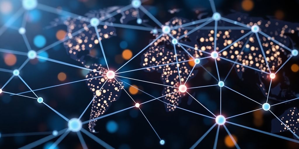 Blockchain network connecting global supply chain nodes.