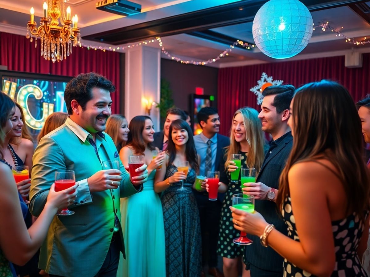 Petrecere tematică: Gazdă interacționând cu invitați veseli, decor festiv.