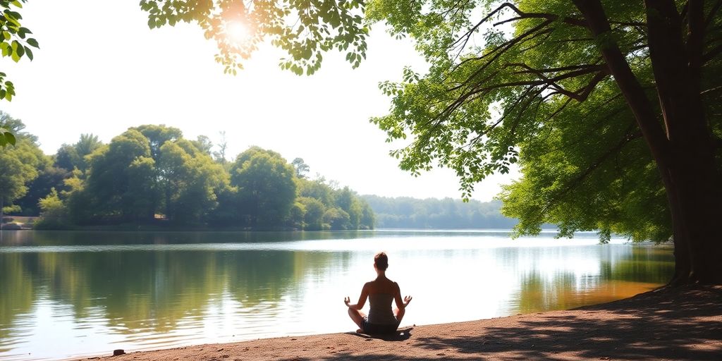Person meditating by a tranquil lake in nature.