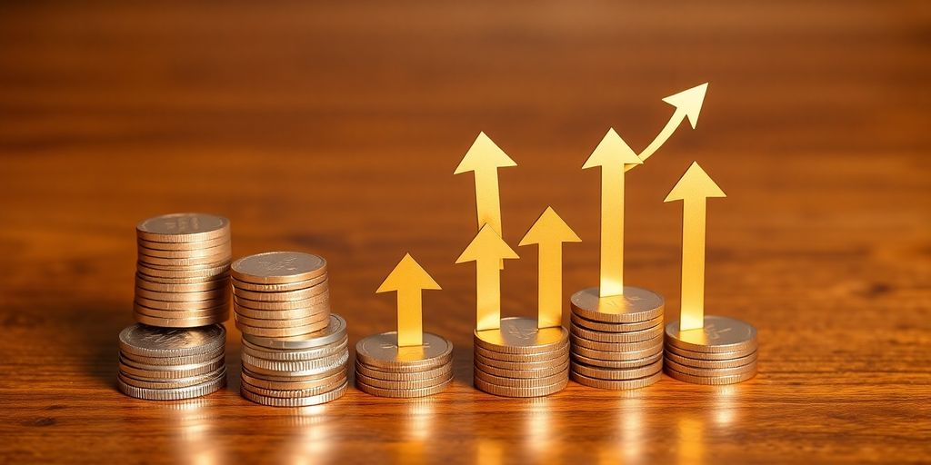 Coins stacked, arrows, upward trajectory