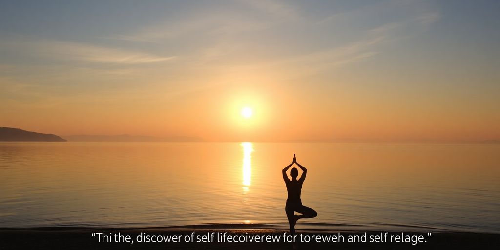 Person doing yoga by a peaceful lakeside at sunrise.