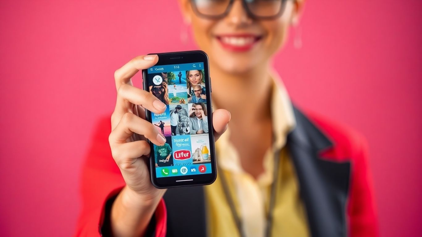 Person holding phone with social media icons and images.