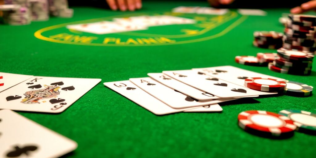 Blackjack cards and chips on a felt table.
