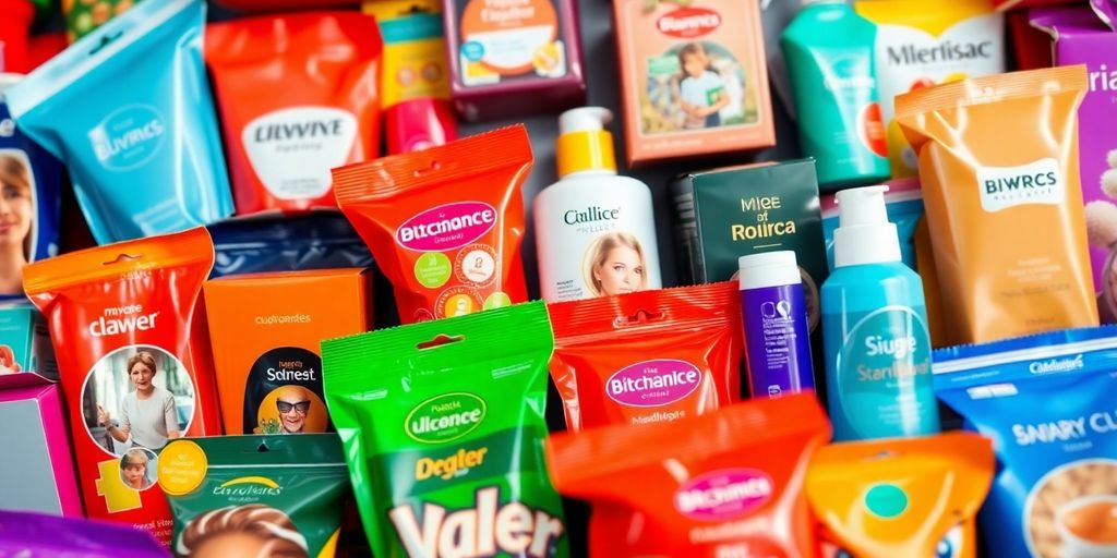 Colorful product display with various items for sale.