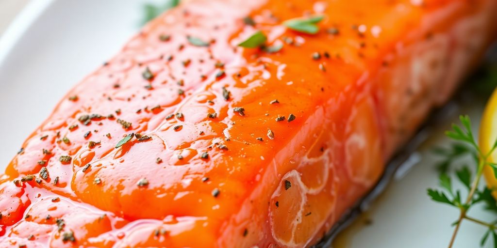Fresh salmon fillet on a rustic wooden board.