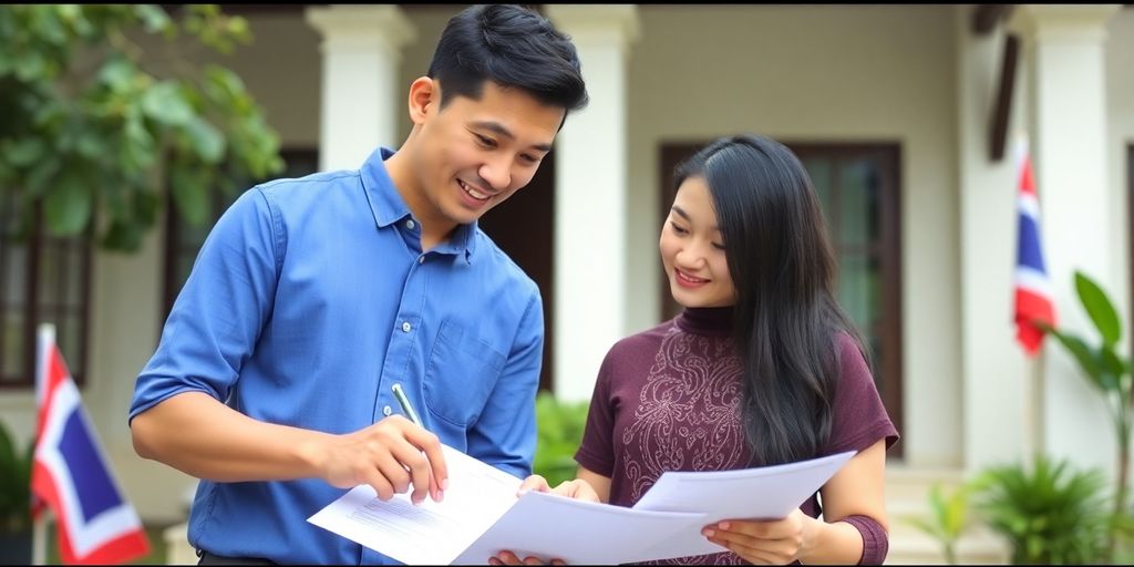 Couple reviewing house deeds, Thai flag nearby.