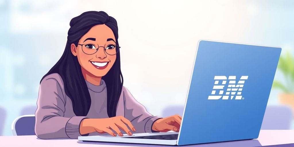 Laptop with IBM logo, student working, bright future.