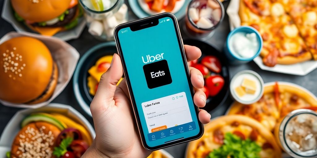 Person with smartphone and delicious food delivery items.