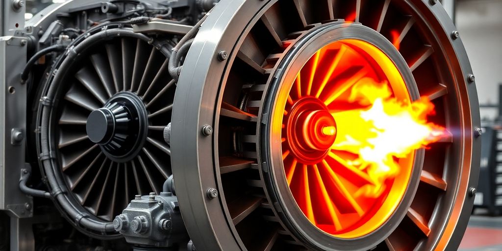 Gas turbine generator components and flame.