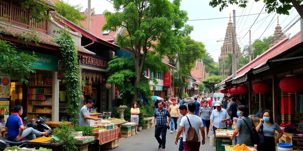 Colorful Chiang Mai market with locals and lush greenery.