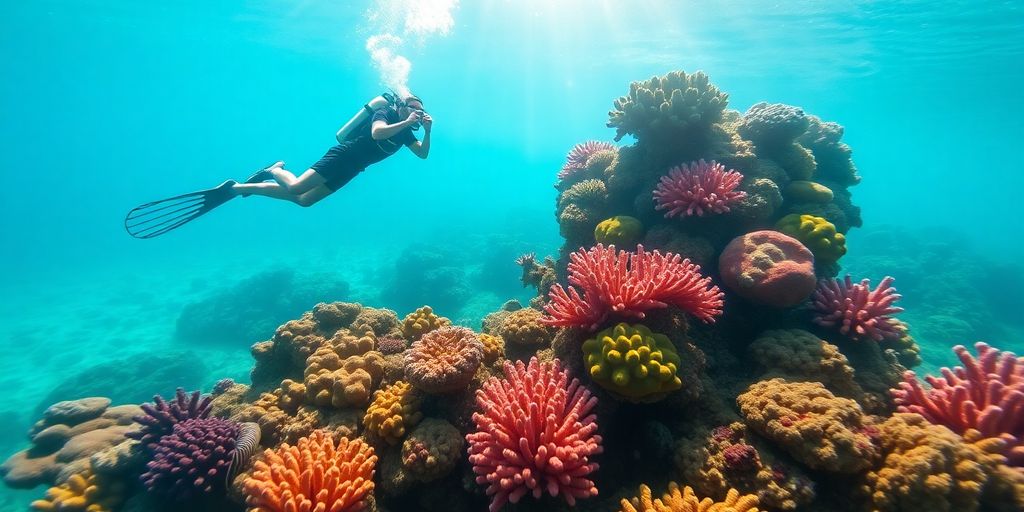 Divers swim through vibrant coral reefs with tropical fish.