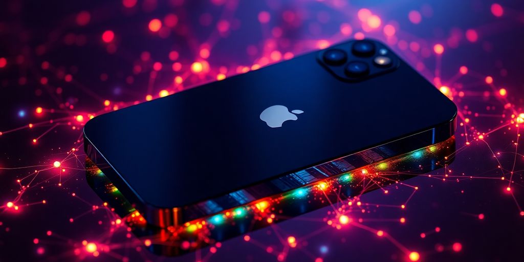 iPhone 16 Pro avec des éclats lumineux, suggérant l'IA.