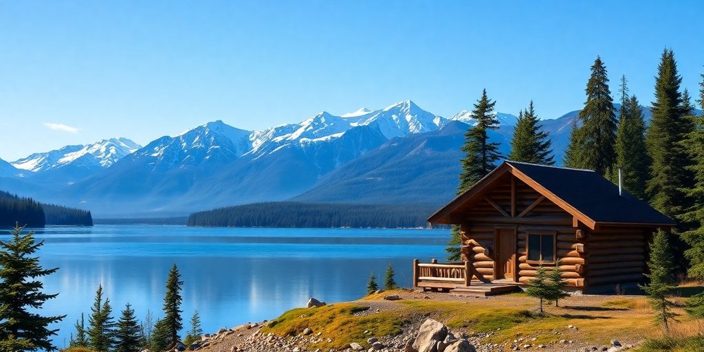 A remote log cabin on a lake with mountains.