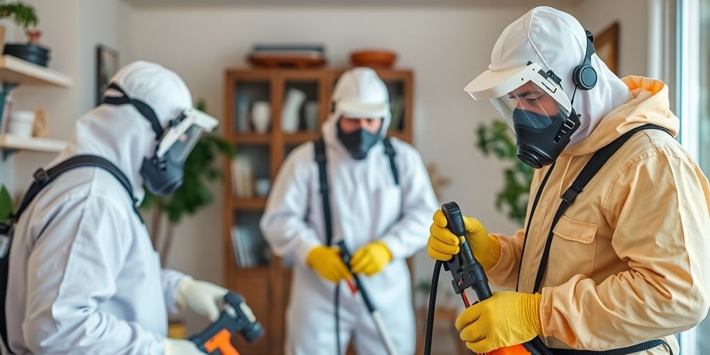 Specialiști în dezinsecție și deratizare la lucru.