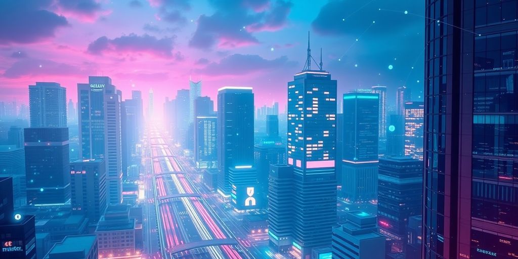 Futuristic city with digital blockchain elements and neon lights.