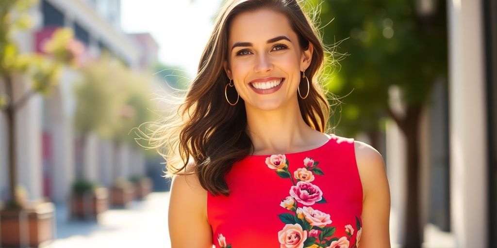 Woman happily wearing a stylish New York and Company dress.