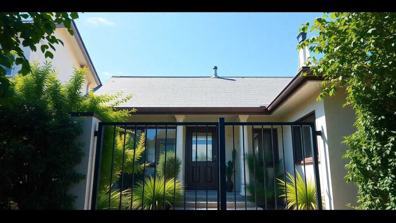 Casa familiar moderna con jardín verde y entrada segura