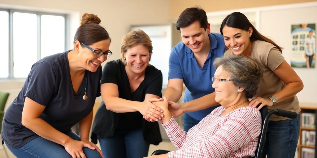 Volunteers helping individuals with spinal cord injuries.