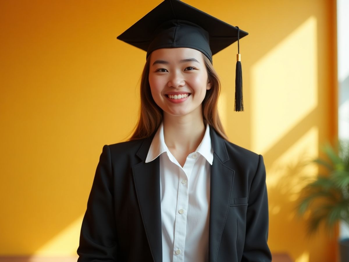 Confident student preparing for scholarship interview in bright setting.