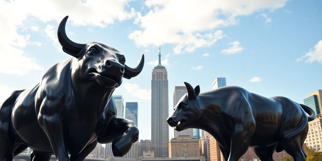 Bull and bear statues in front of a busy financial district.